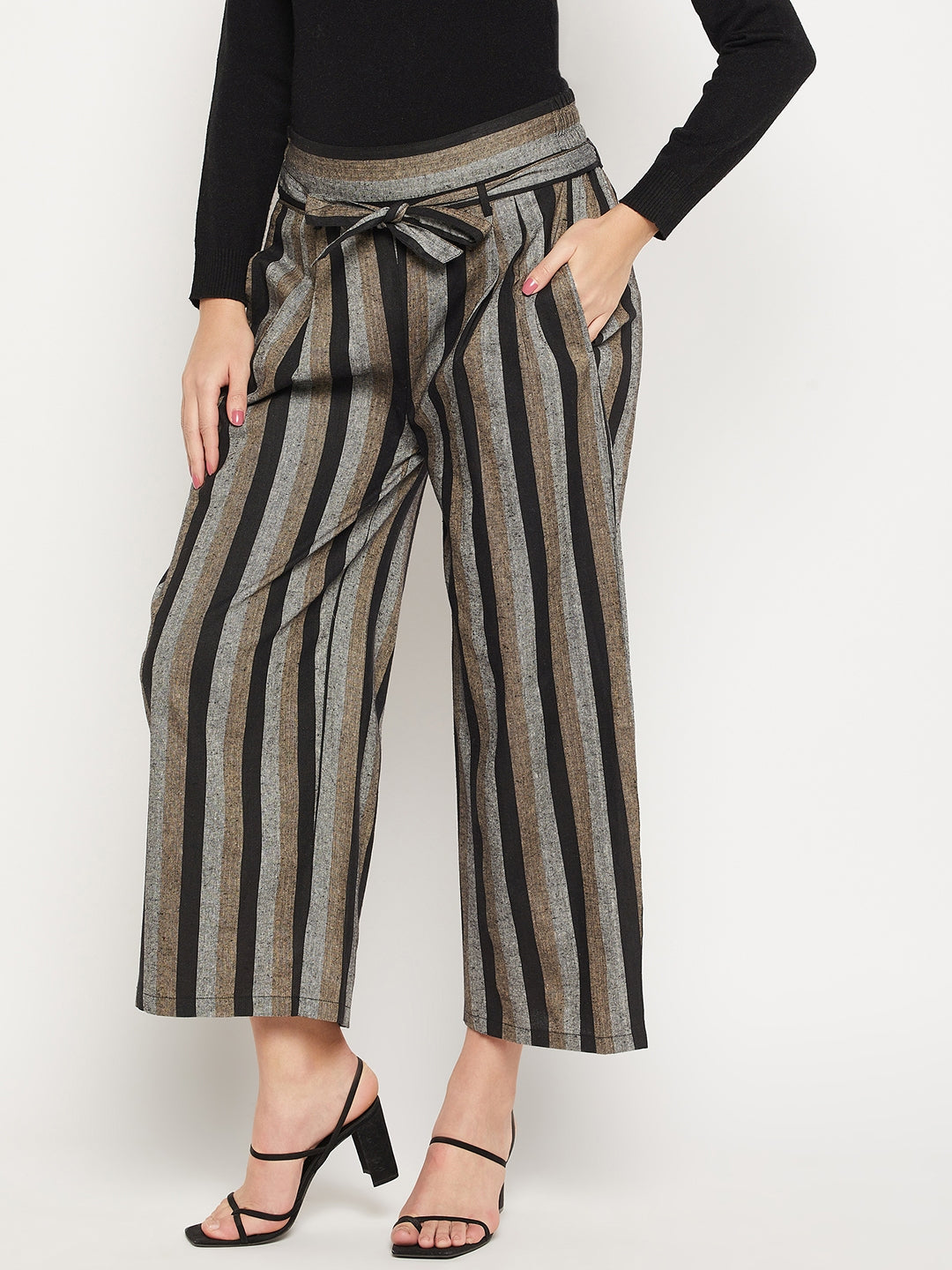 Women Striped Relaxed Flared Wrinkle Free Pleated Cotton Culottes