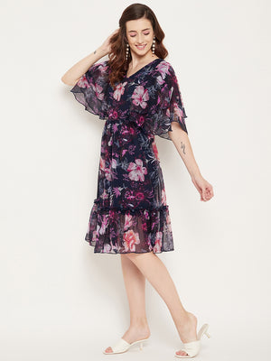 Navy Blue & Pink Floral Georgette Dress