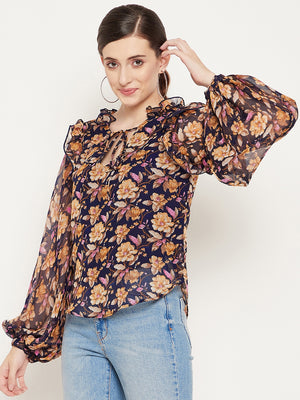 Navy Blue & Brown Floral Print Tie-Up Neck Ruffles Georgette Top