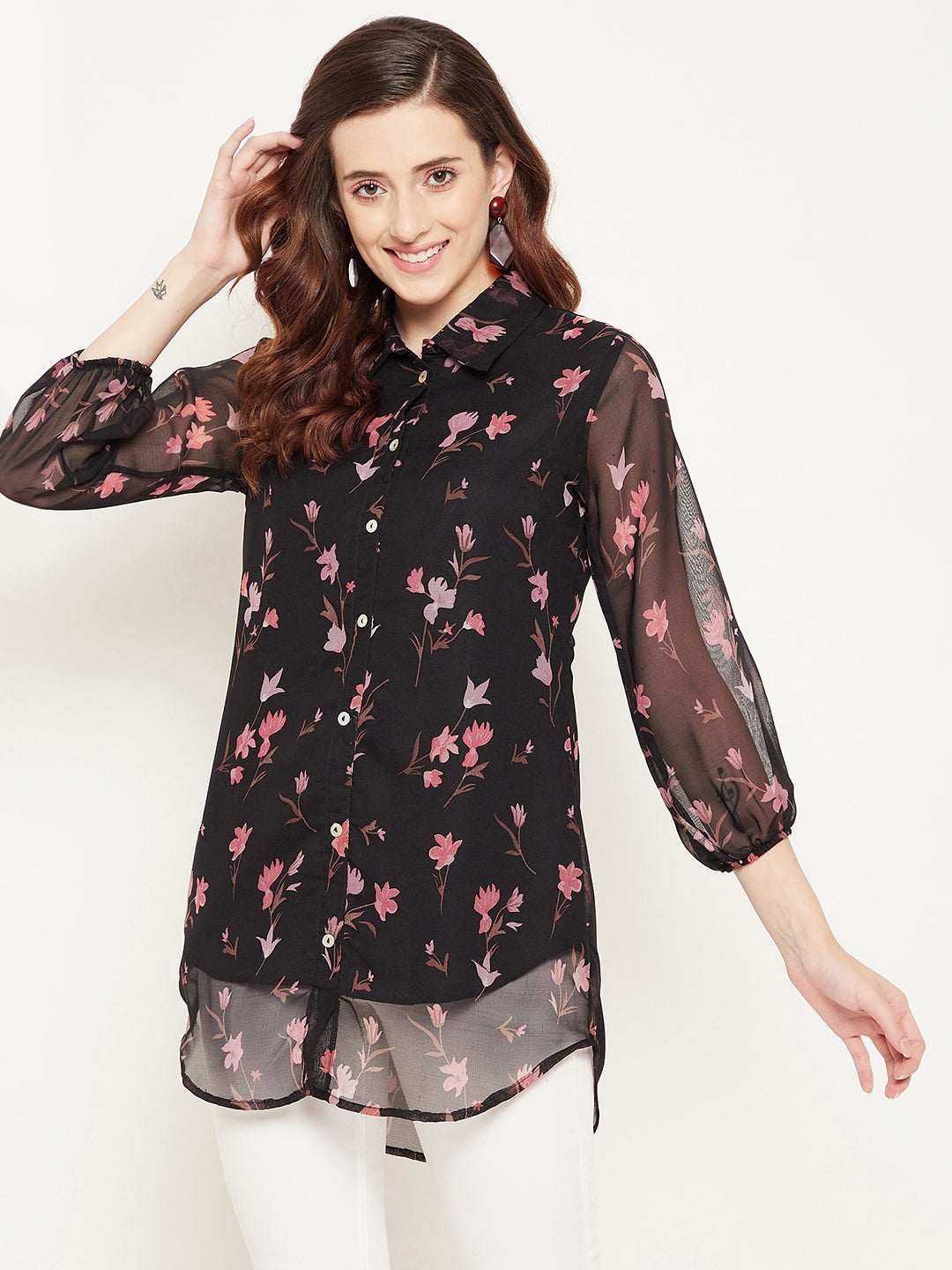 Black & Pink Shirt Collar Printed Tunic