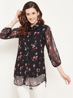 Black & Pink Shirt Collar Printed Tunic