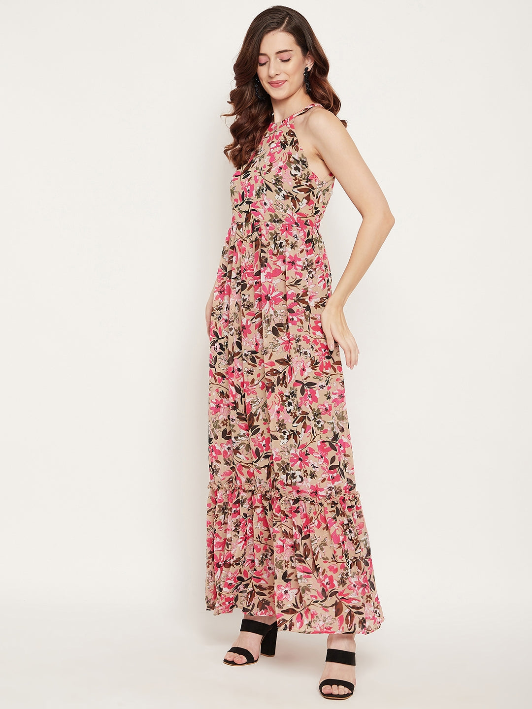 Women Brown & Pink Floral Halter Neck Georgette Maxi Dress