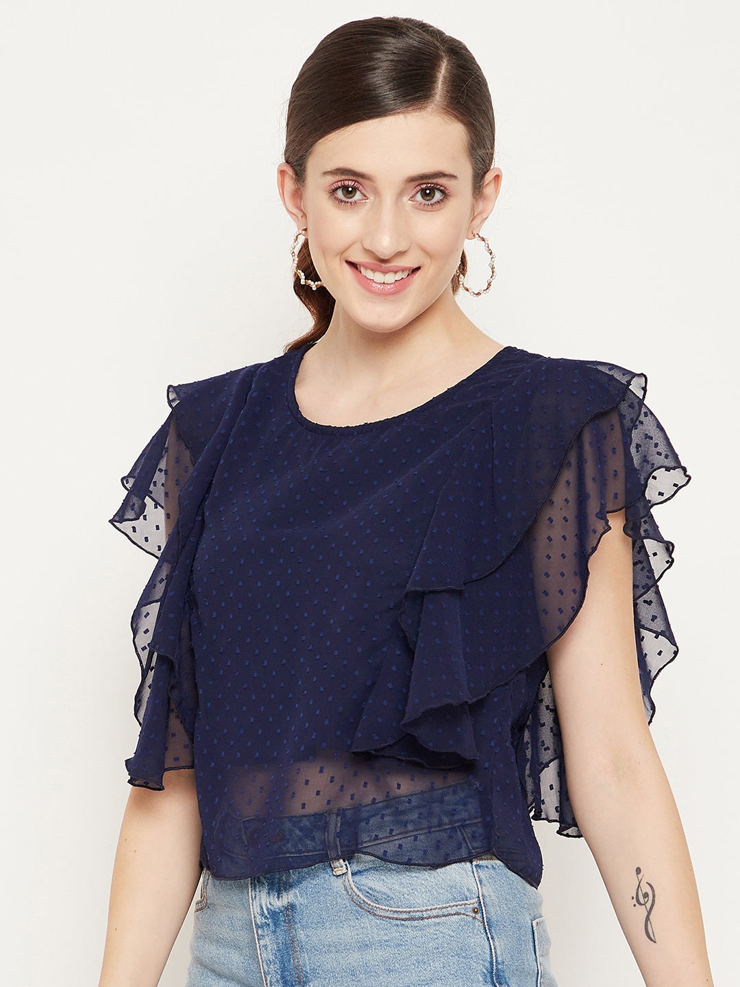 Navy Blue Ruffles Georgette Top