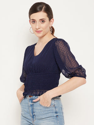 Women Navy Blue Smocked Dobby Cinched Waist Crop Top