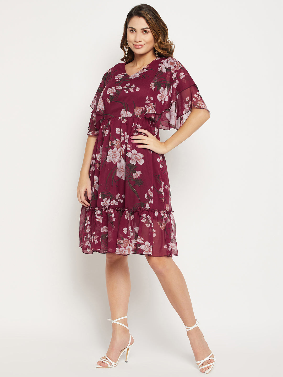 Floral Printed V Neck Fit And Flare Dress