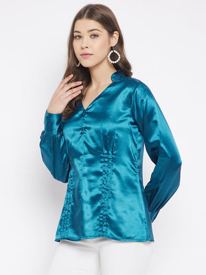 Regular Sleeves Solid Women Blue Top