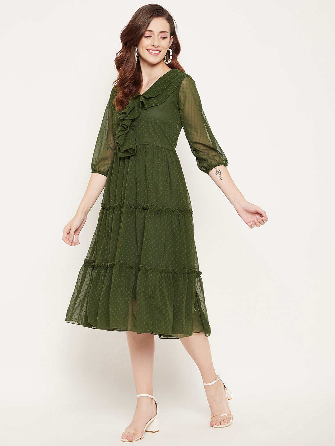 Olive Green Georgette A-Line Midi Dress