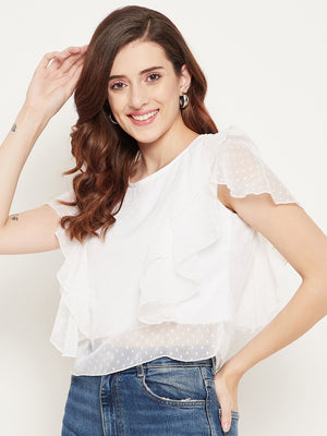 Casual Flared Sleeves Self Design Women White Top