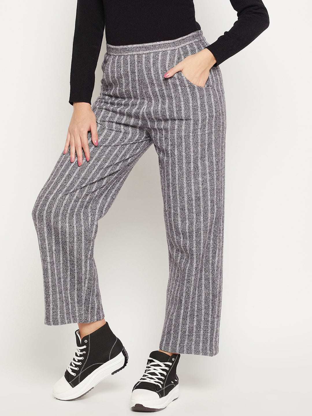 Blue Woven Cotton Striped Flared Pants  TJORI