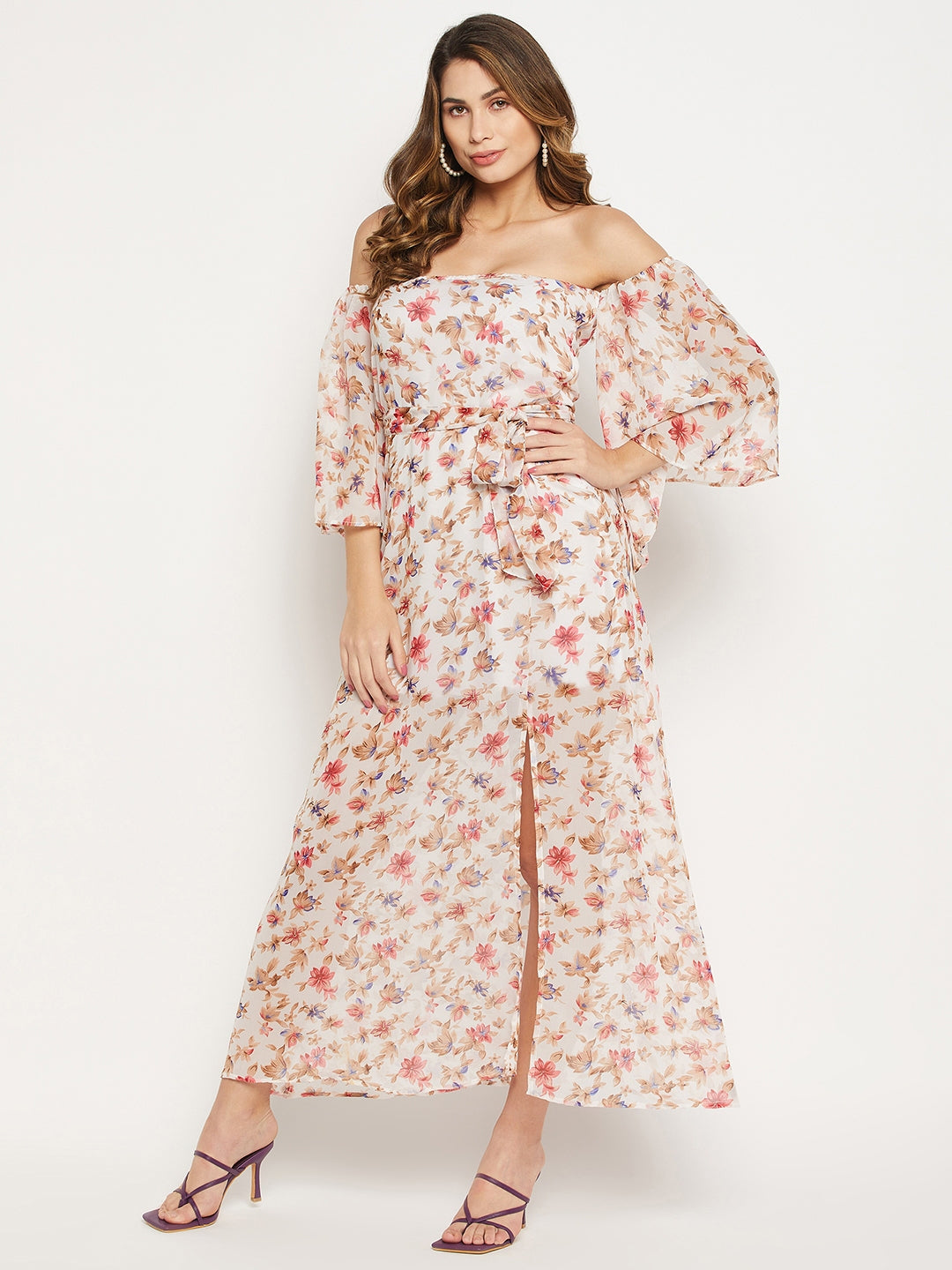 White Floral Off-Shoulder Georgette Maxi Dress