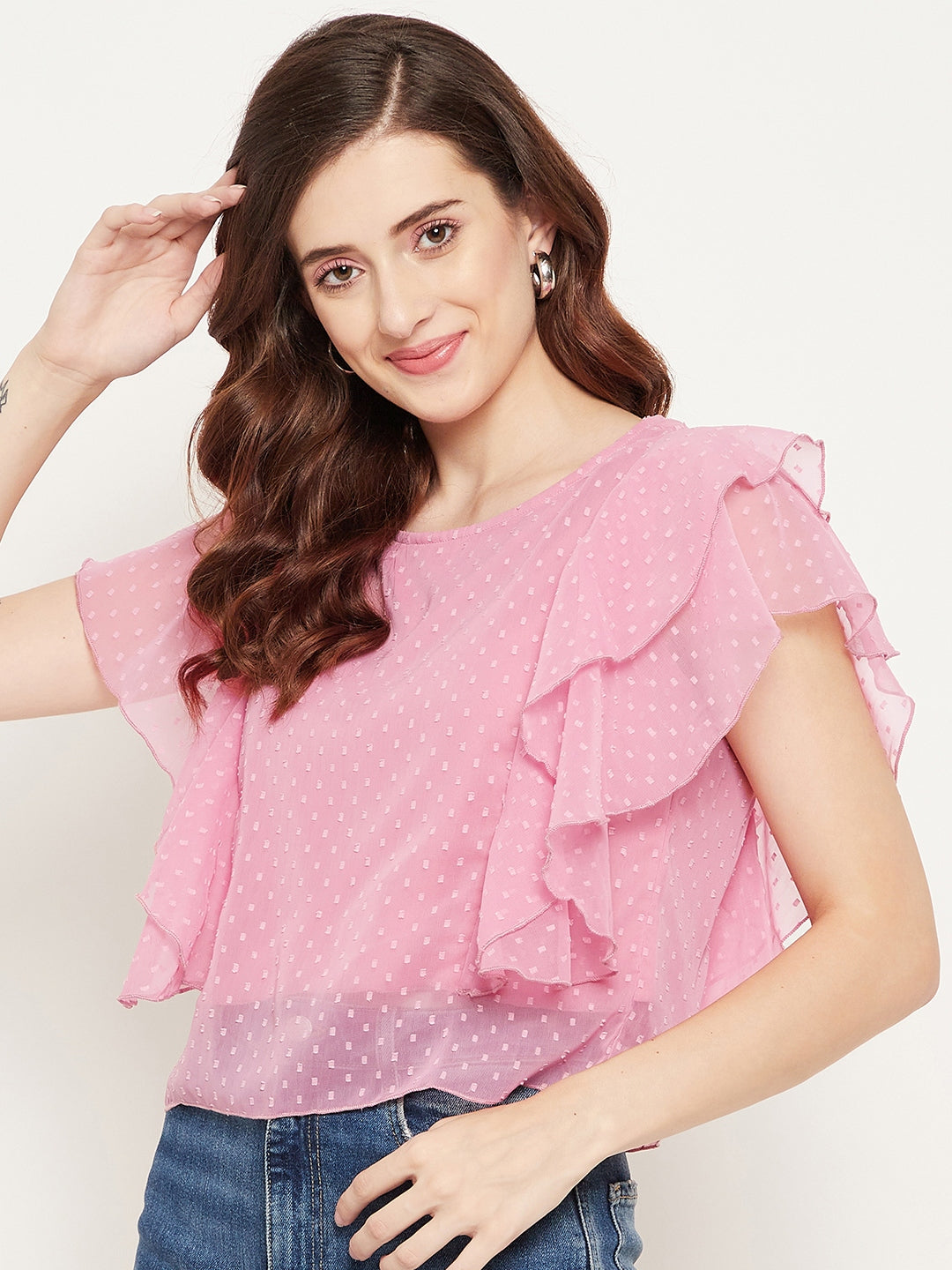 Women Rose Self Design Ruffles Georgette Top