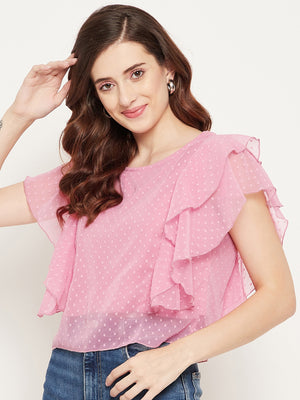 Women Rose Self Design Ruffles Georgette Top