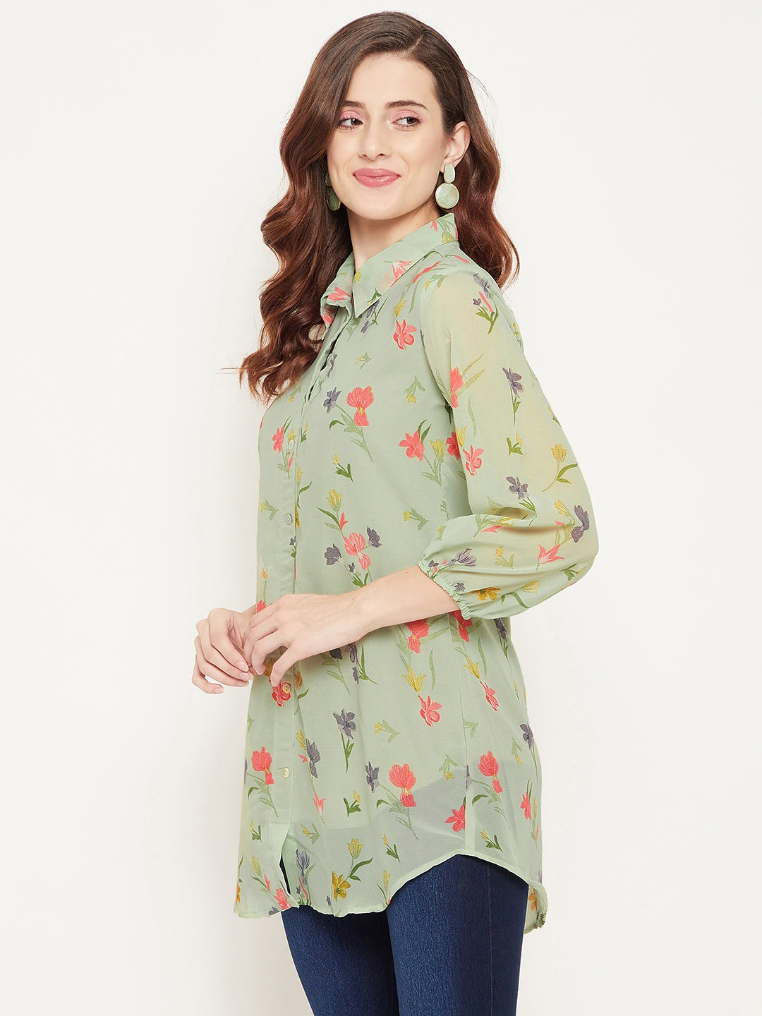 Green & Red Shirt Collar Printed Tunic