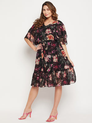 Floral Printed V Neck Fit And Flare Dress