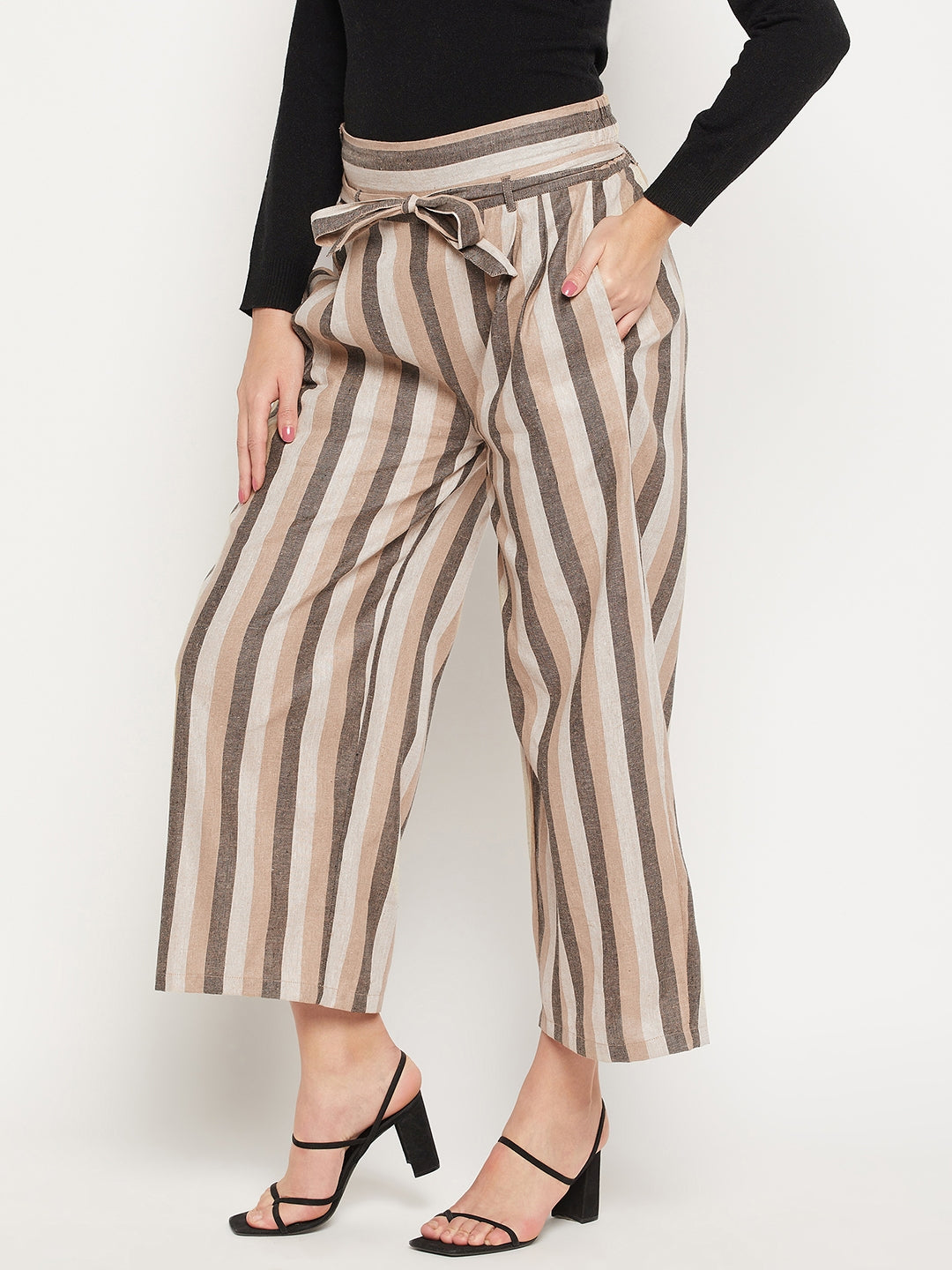 Women Striped Relaxed Flared Wrinkle Free Pleated Cotton Trousers