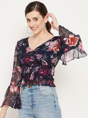 Navy Blue & Red Floral Print Georgette Top