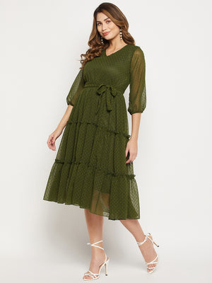 Self Design V Neck Tiered Fit And Flare Dress