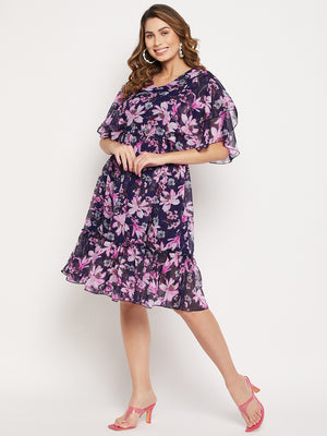 Floral Printed V Neck Fit And Flare Dress