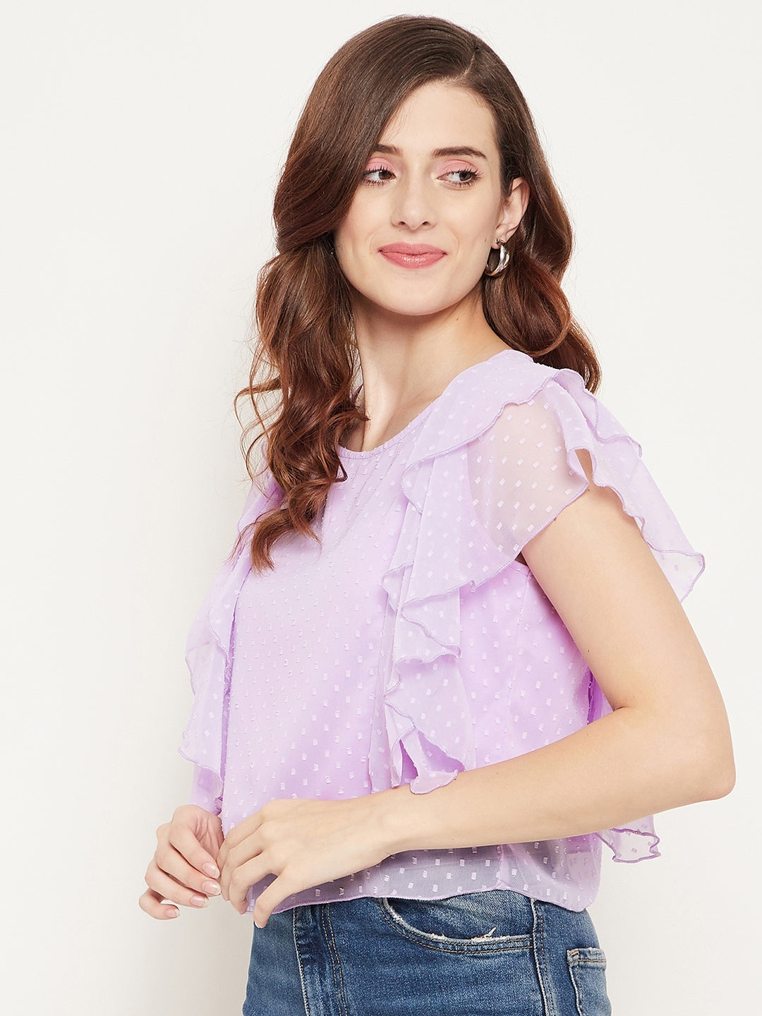 Women Lavender Ruffles Georgette Crop Top