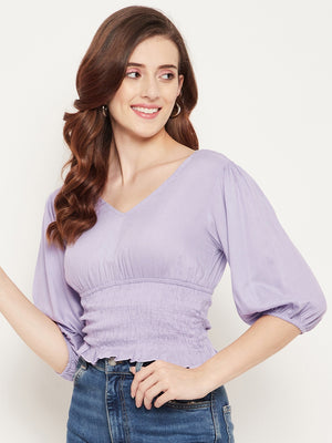 Women Lavender Smocked Cinched Waist Smocking Crop Top