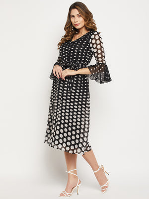 Polka Dots Printed Tie-Up Detail Belted Georgette A-Line Midi Dress