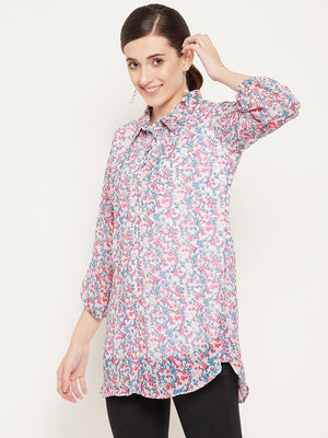 White & Pink Shirt Collar Printed Tunic