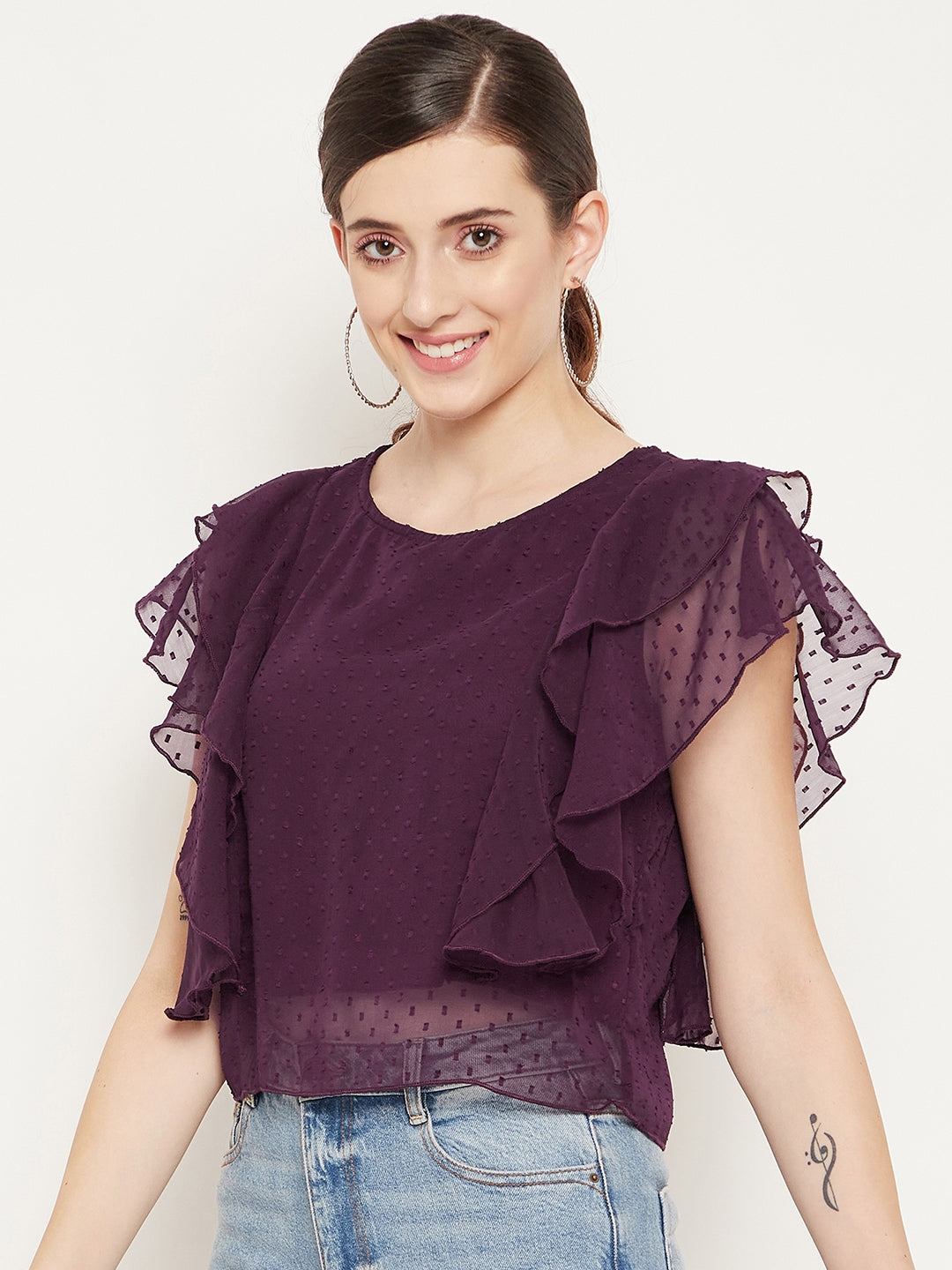 Women Purple Ruffles Round Neck Georgette Top