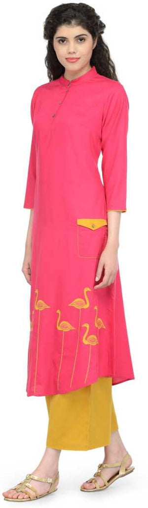 Women Embroidered Cotton Rayon Blend Straight Kurta  (Pink).