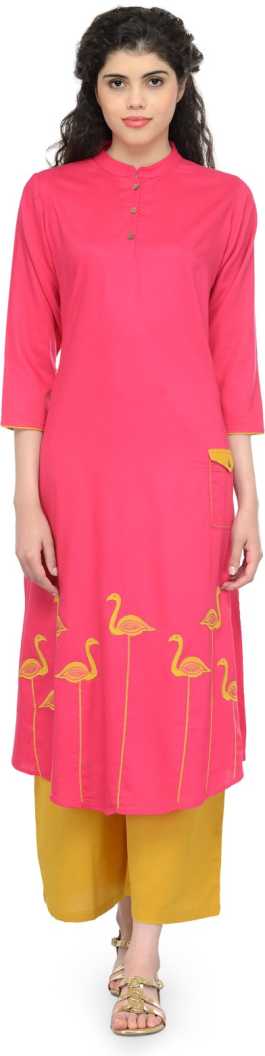 Women Embroidered Cotton Rayon Blend Straight Kurta  (Pink).