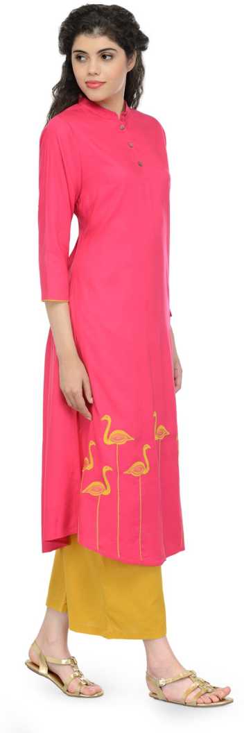Women Embroidered Cotton Rayon Blend Straight Kurta  (Pink).