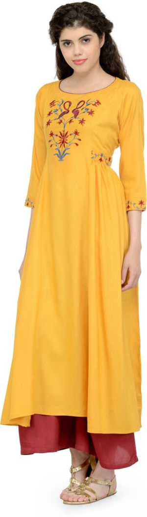 Women Embroidered Cotton Rayon Blend Anarkali Kurta  (Yellow).