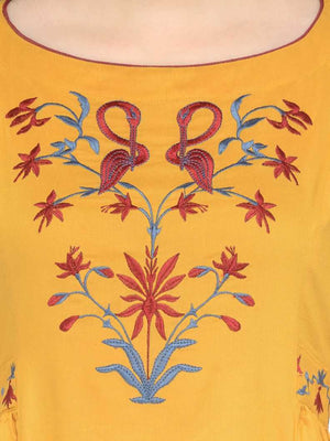 Women Embroidered Cotton Rayon Blend Anarkali Kurta  (Yellow).