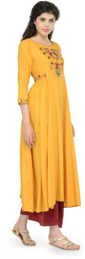 Women Embroidered Cotton Rayon Blend Anarkali Kurta  (Yellow).