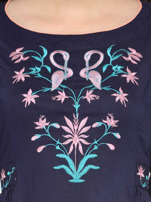 Women Embroidered Cotton Rayon Blend Anarkali Kurta  (Blue).