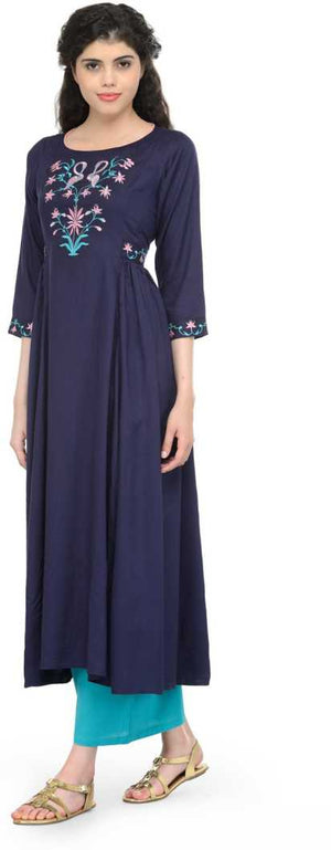 Women Embroidered Cotton Rayon Blend Anarkali Kurta  (Blue).