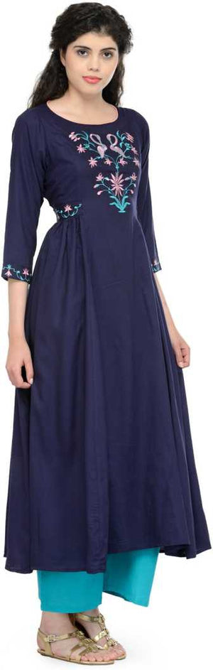 Women Embroidered Cotton Rayon Blend Anarkali Kurta  (Blue).