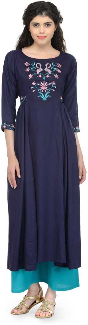 Women Embroidered Cotton Rayon Blend Anarkali Kurta  (Blue).