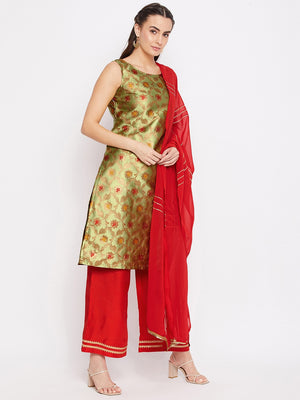 Silk Blend Woven Kurta Palazzo's and Dupatta Set