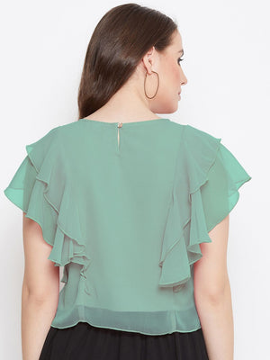 Casual Layered Solid Women Green Top