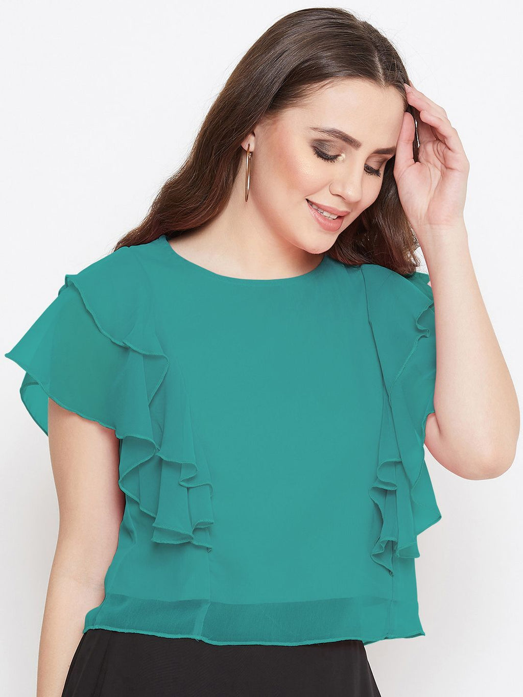 Casual Layered Solid Women Green Top