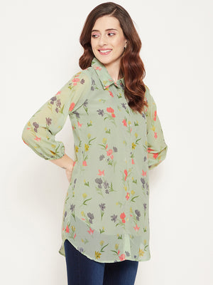 Green & Red Shirt Collar Printed Tunic