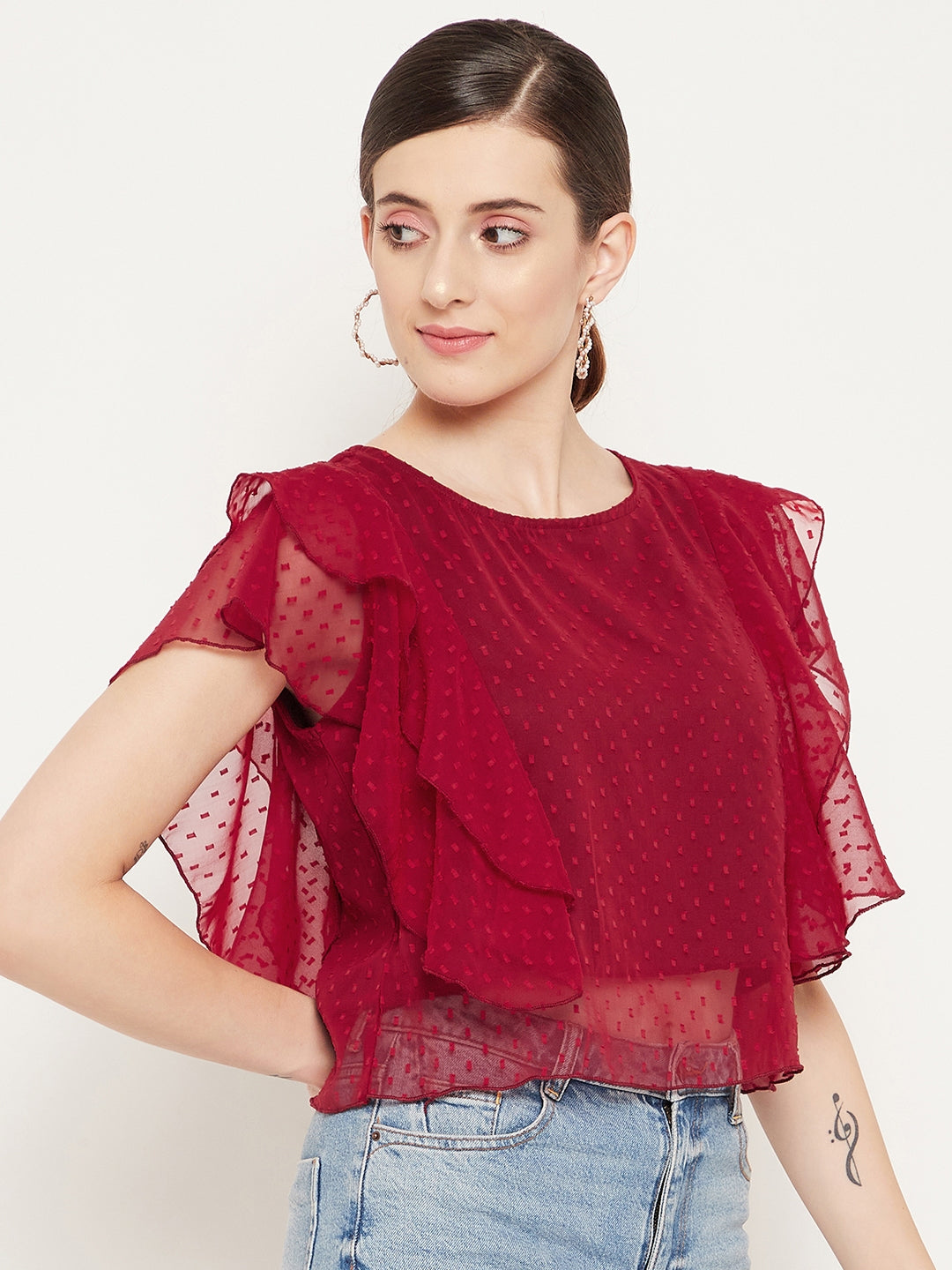 Women Red Ruffles Georgette Crop Top