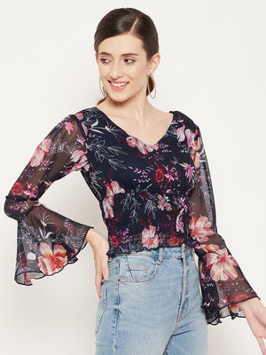 Navy Blue & Red Floral Print Georgette Top