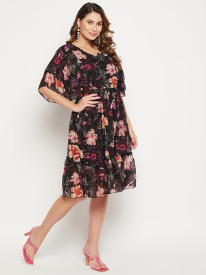 Floral Printed V Neck Fit And Flare Dress