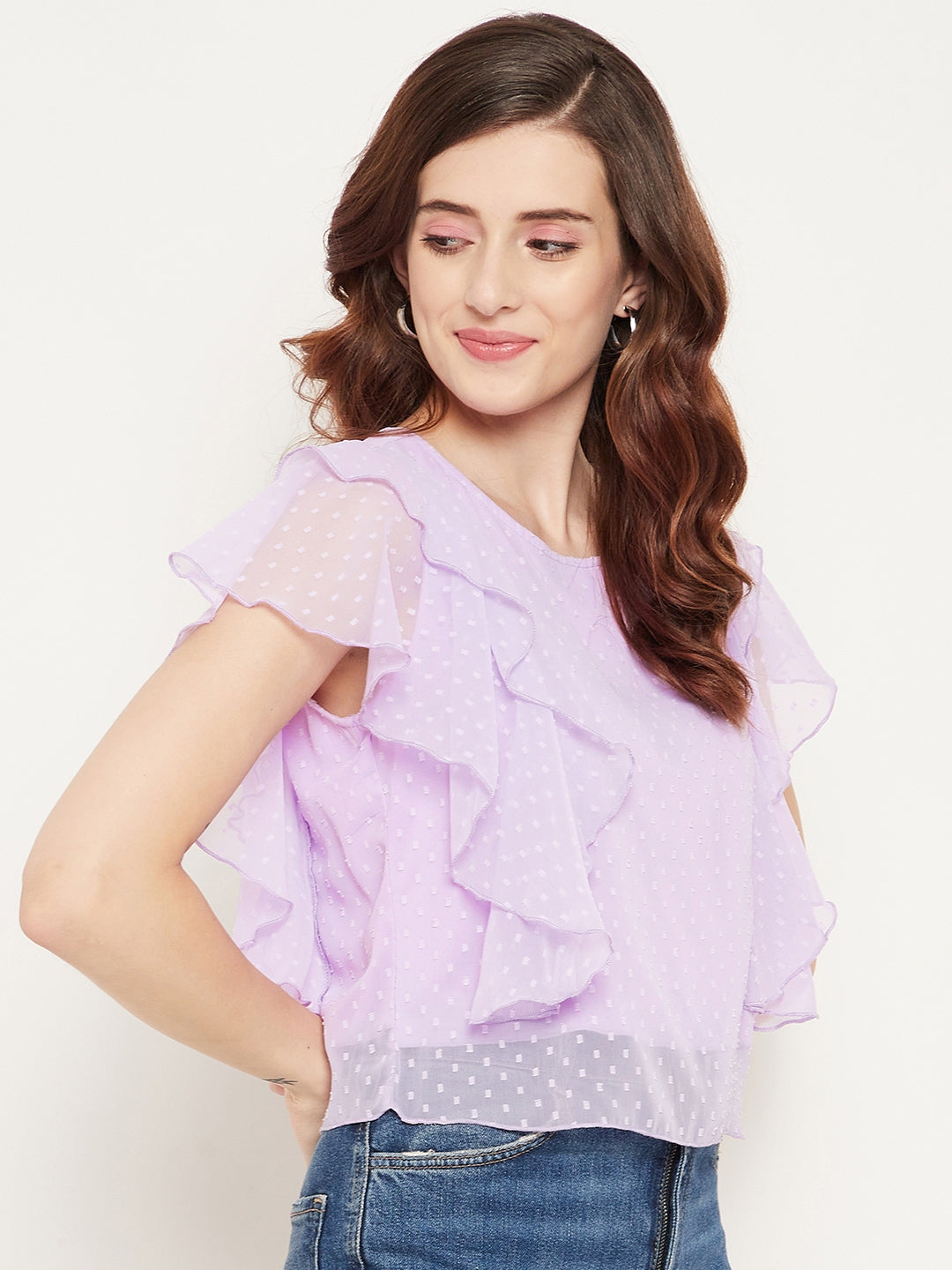 Women Lavender Ruffles Georgette Crop Top