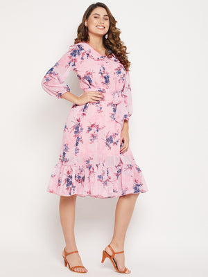 V-Neck Floral Printed Georgette Dress