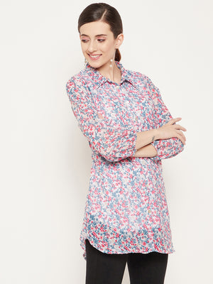 White & Pink Shirt Collar Printed Tunic