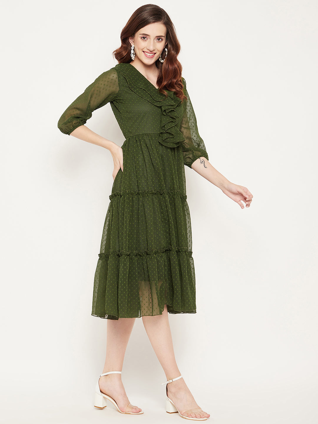 Olive Green Georgette A-Line Midi Dress