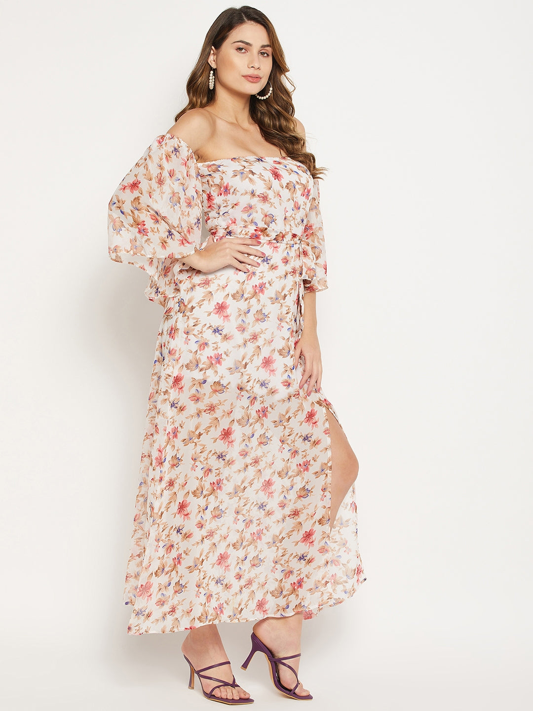 White Floral Off-Shoulder Georgette Maxi Dress