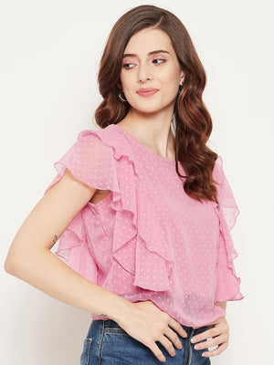 Women Rose Self Design Ruffles Georgette Top